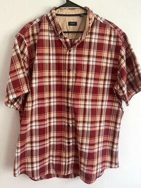 Arrow Short-Sleeve Burgundy and Cream Plaid Button-Down Shirt